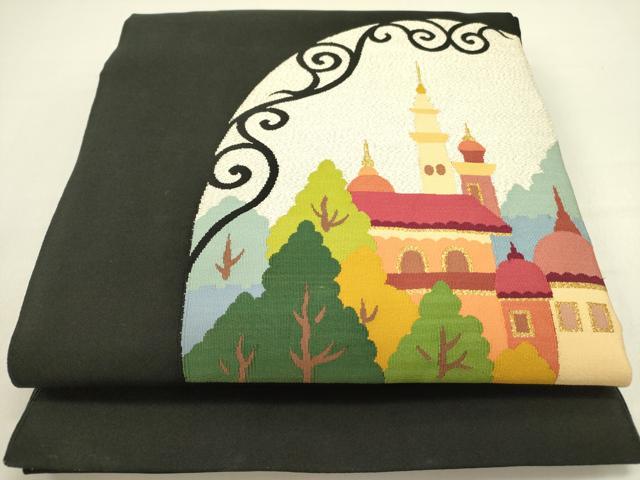 平和屋着物●爪掻き本綴れ　八寸名古屋帯　風景文　黒地　金糸　正絹　逸品　DABD0826op