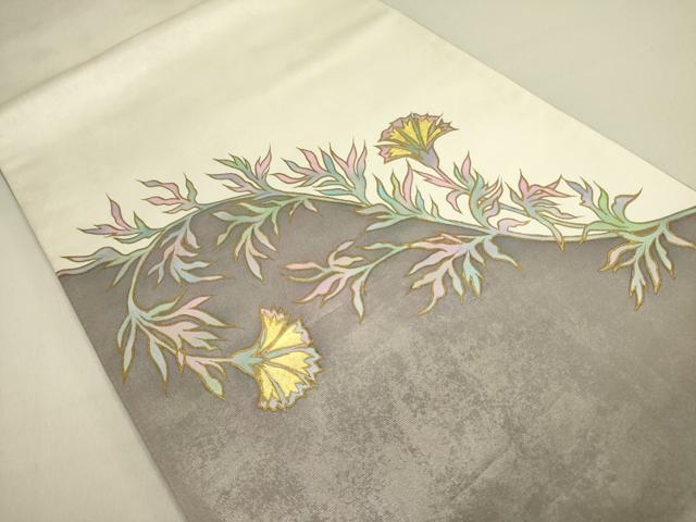 平和屋着物●染色作家　田中文子　太鼓柄袋帯　草花　金彩　正絹　逸品　DABD0847op
