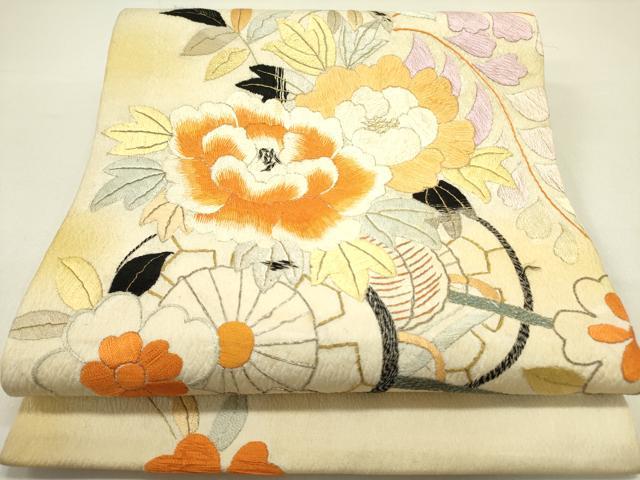 平和屋着物●アンティーク　大正ロマン　丸帯　総刺繍　花車文　金銀糸　引き抜き帯　正絹　逸品　DABD0848op