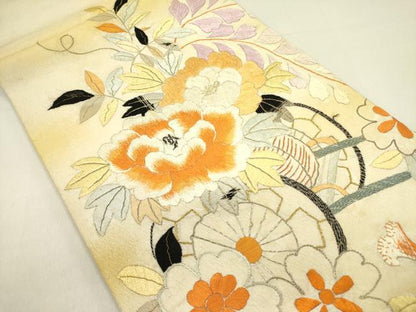 平和屋着物●アンティーク　大正ロマン　丸帯　総刺繍　花車文　金銀糸　引き抜き帯　正絹　逸品　DABD0848op