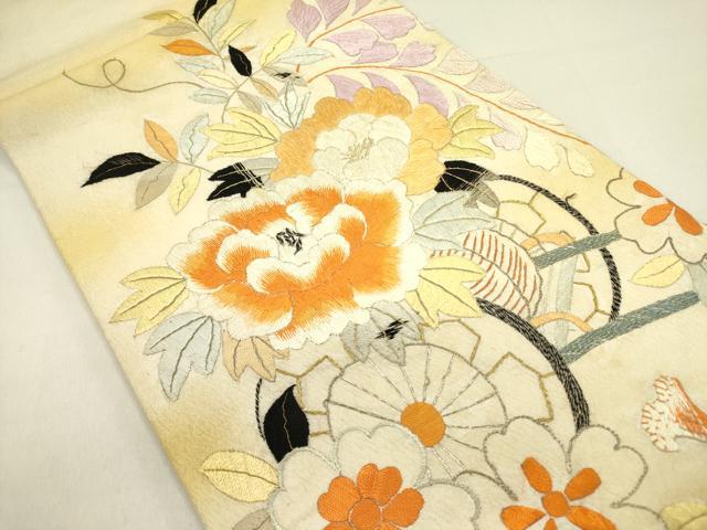 平和屋着物●アンティーク　大正ロマン　丸帯　総刺繍　花車文　金銀糸　引き抜き帯　正絹　逸品　DABD0848op