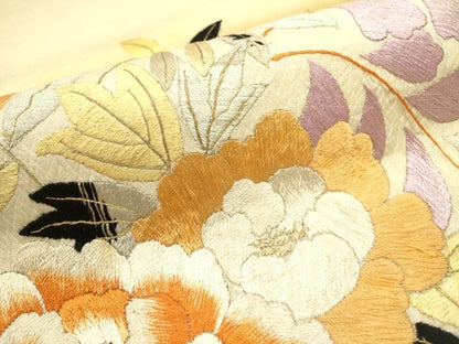 平和屋着物●アンティーク　大正ロマン　丸帯　総刺繍　花車文　金銀糸　引き抜き帯　正絹　逸品　DABD0848op