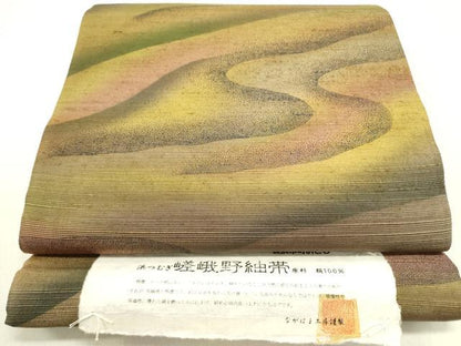 平和屋着物●全通柄袋帯　浜つむぎ嵯峨野紬帯　ながはま工房謹製　流水　証紙付き　正絹　逸品　DABD0849op