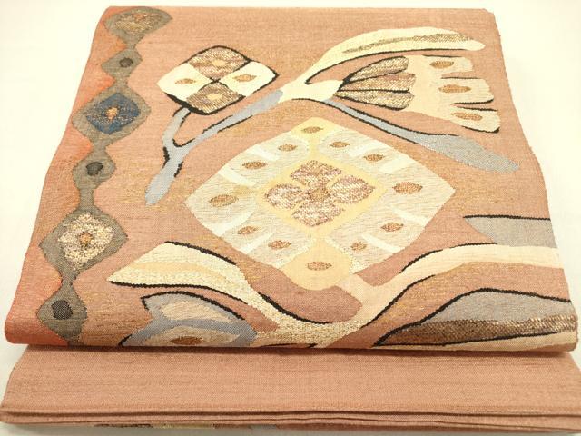 平和屋着物●太鼓柄袋帯　すくい織　草花　金糸　正絹　逸品　DABD0855op