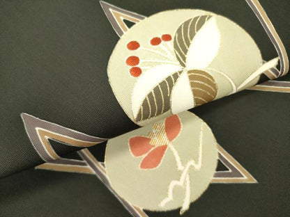 平和屋着物●塩瀬　九寸名古屋帯　花丸文　黒地　金彩　正絹　逸品　DABD0873op