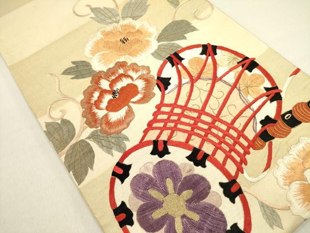 平和屋着物●アンティーク　大正ロマン　太鼓柄袋帯　総刺繍　鼓花文　金糸　正絹　逸品　DABD0882op