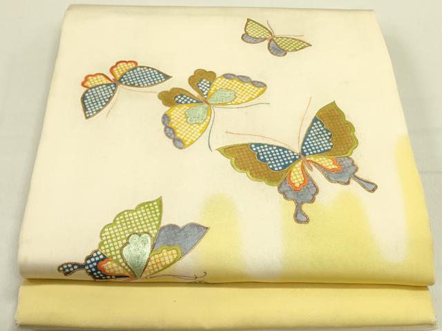 平和屋着物●アンティーク　大正ロマン　九寸開き名古屋帯　駒刺繍　舞蝶文　金彩　正絹　逸品　DABD0885op