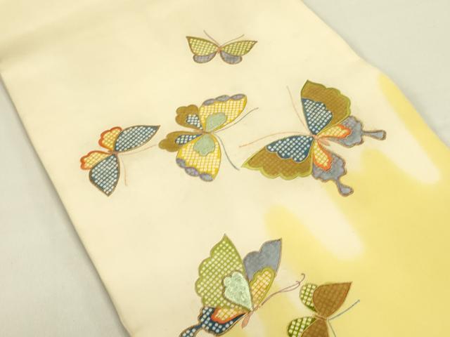 平和屋着物●アンティーク　大正ロマン　九寸開き名古屋帯　駒刺繍　舞蝶文　金彩　正絹　逸品　DABD0885op
