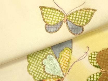 平和屋着物●アンティーク　大正ロマン　九寸開き名古屋帯　駒刺繍　舞蝶文　金彩　正絹　逸品　DABD0885op