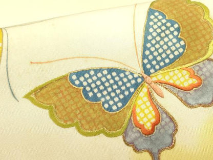 平和屋着物●アンティーク　大正ロマン　九寸開き名古屋帯　駒刺繍　舞蝶文　金彩　正絹　逸品　DABD0885op