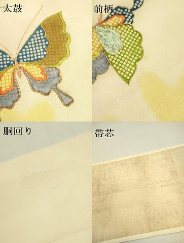 平和屋着物●アンティーク　大正ロマン　九寸開き名古屋帯　駒刺繍　舞蝶文　金彩　正絹　逸品　DABD0885op