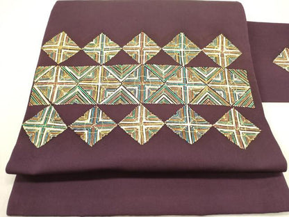 平和屋着物●塩瀬　九寸名古屋帯　幾何学文様　金彩　正絹　逸品　DABD0887op