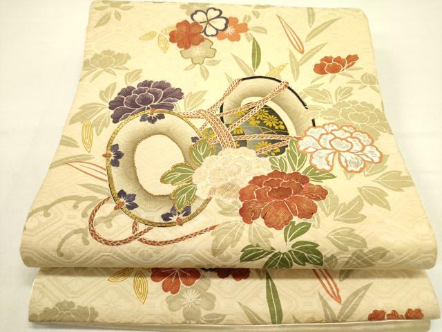平和屋着物●アンティーク　大正ロマン　太鼓柄袋帯　駒刺繍　鼓花文　金糸　正絹　逸品　DABD0888op