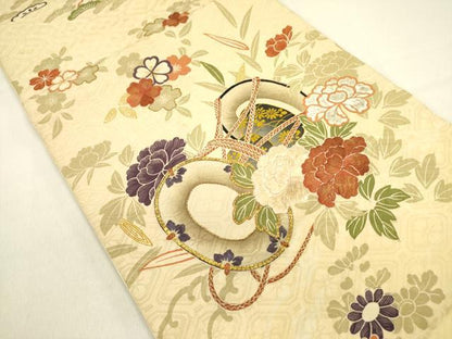 平和屋着物●アンティーク　大正ロマン　太鼓柄袋帯　駒刺繍　鼓花文　金糸　正絹　逸品　DABD0888op
