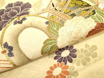 平和屋着物●アンティーク　大正ロマン　太鼓柄袋帯　駒刺繍　鼓花文　金糸　正絹　逸品　DABD0888op