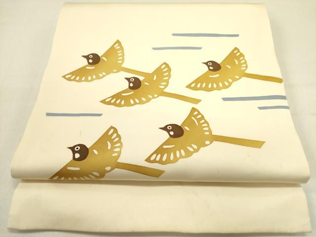 平和屋着物●塩瀬　九寸開き名古屋帯　型染　飛鳥文　正絹　逸品　DABD0889op