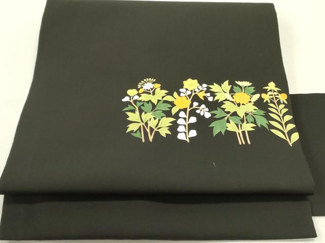 平和屋着物●創作　塩瀬　九寸名古屋帯　草花　黒地　正絹　逸品　DABD0890op