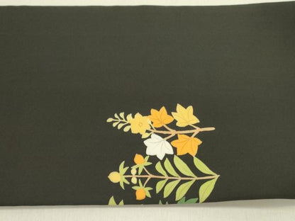 平和屋着物●創作　塩瀬　九寸名古屋帯　草花　黒地　正絹　逸品　DABD0890op