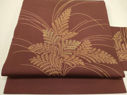 平和屋着物●塩瀬　九寸名古屋帯　刺繍　草葉文　金糸　正絹　逸品　DABD0892op