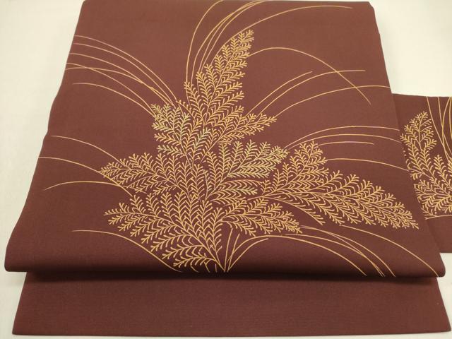 平和屋着物●塩瀬　九寸名古屋帯　刺繍　草葉文　金糸　正絹　逸品　DABD0892op