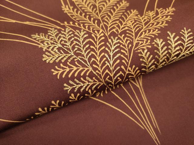 平和屋着物●塩瀬　九寸名古屋帯　刺繍　草葉文　金糸　正絹　逸品　DABD0892op