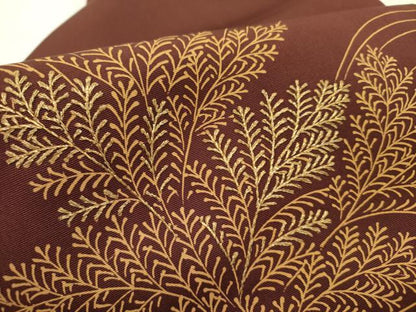 平和屋着物●塩瀬　九寸名古屋帯　刺繍　草葉文　金糸　正絹　逸品　DABD0892op