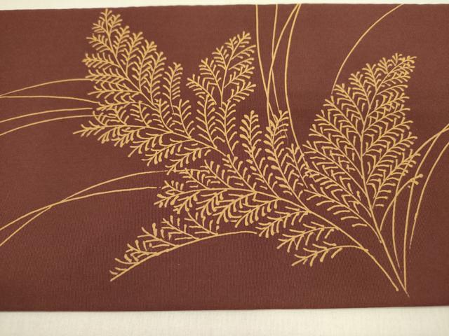 平和屋着物●塩瀬　九寸名古屋帯　刺繍　草葉文　金糸　正絹　逸品　DABD0892op