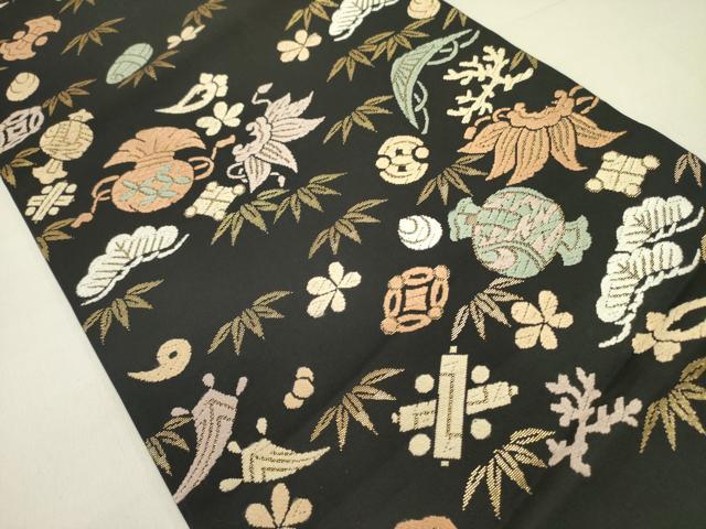 平和屋着物●九寸名古屋帯　唐織　宝尽くし花文　黒地　金糸　正絹　逸品　DABD0898op