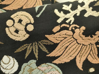 平和屋着物●九寸名古屋帯　唐織　宝尽くし花文　黒地　金糸　正絹　逸品　DABD0898op