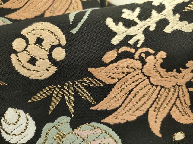 平和屋着物●九寸名古屋帯　唐織　宝尽くし花文　黒地　金糸　正絹　逸品　DABD0898op