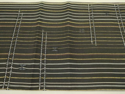 平和屋着物●太鼓柄袋帯　もじり織　抽象文様　黒地　金糸　正絹　逸品　未使用　DABD0902op
