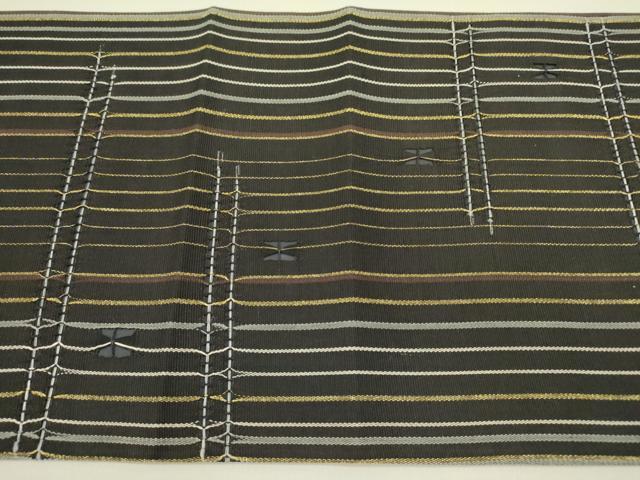 平和屋着物●太鼓柄袋帯　もじり織　抽象文様　黒地　金糸　正絹　逸品　未使用　DABD0902op