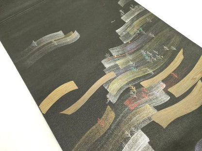 平和屋着物●太鼓柄袋帯　屋久杉　縄文之箔絲　黒地　金銀彩　引箔　さが美扱い　正絹　逸品　DABD0905op