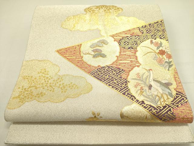 平和屋着物▼太鼓柄袋帯　綴れ　駒刺繍　鶴　雪輪花文　金彩　正絹　逸品　DABD0925op