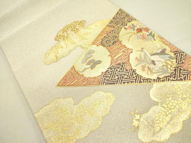 平和屋着物▼太鼓柄袋帯　綴れ　駒刺繍　鶴　雪輪花文　金彩　正絹　逸品　DABD0925op
