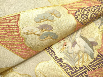 平和屋着物▼太鼓柄袋帯　綴れ　駒刺繍　鶴　雪輪花文　金彩　正絹　逸品　DABD0925op