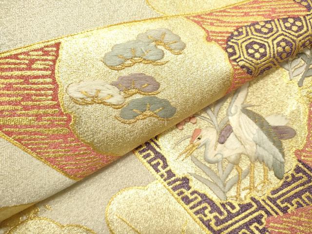 平和屋着物▼太鼓柄袋帯　綴れ　駒刺繍　鶴　雪輪花文　金彩　正絹　逸品　DABD0925op