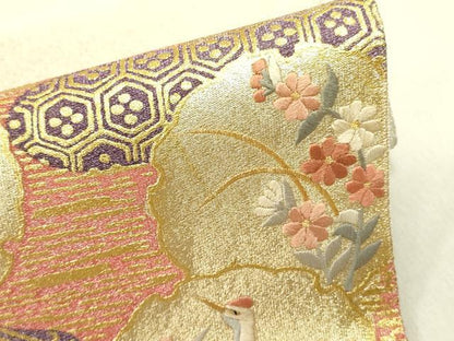 平和屋着物▼太鼓柄袋帯　綴れ　駒刺繍　鶴　雪輪花文　金彩　正絹　逸品　DABD0925op