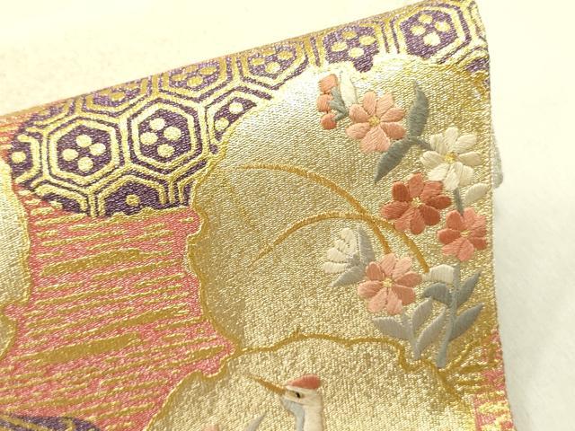 平和屋着物▼太鼓柄袋帯　綴れ　駒刺繍　鶴　雪輪花文　金彩　正絹　逸品　DABD0925op