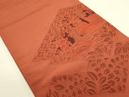 平和屋着物●中国三大刺繍　スワトウ刺繍　汕頭刺繍　相良刺繍　総刺繍　太鼓柄袋帯　紬地　鴛鴦花文　雀茶色 正絹 逸品 未使用 DABD0926op
