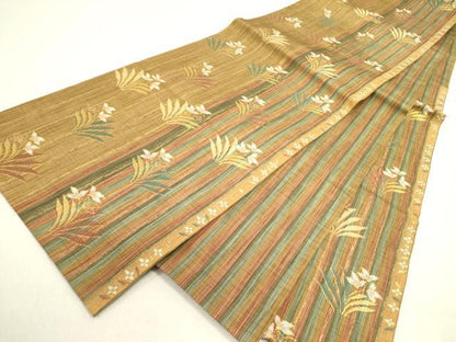 平和屋着物▽六通柄 本袋帯 スリーシーズン 春夏秋 草花 金糸 正絹 逸品 DABD0928op