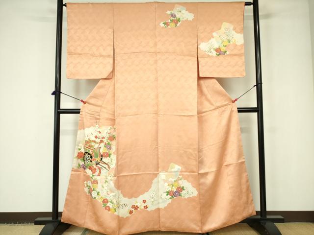 平和屋着物■訪問着　駒刺繍　御所車花文　金彩　正絹　逸品　DABD0949op
