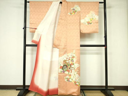 平和屋着物■訪問着　駒刺繍　御所車花文　金彩　正絹　逸品　DABD0949op