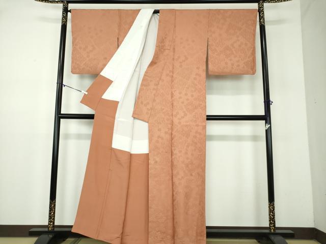 平和屋着物●上質な色無地　草花地紋　赤白橡色　正絹　逸品　DABD1031ps