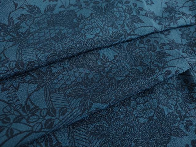 平和屋着物●本藍　型絵染　小紋　流水籬花文　鬼しぼ縮緬　正絹　逸品　DABD1035ps 平和屋着物○本藍 型絵染 小紋 流水籬花文 鬼しぼ