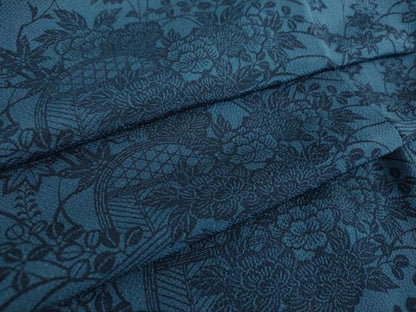 平和屋着物●本藍　型絵染　小紋　流水籬花文　鬼しぼ縮緬　正絹　逸品　DABD1035ps