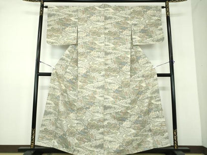 平和屋着物●小千谷紬　100亀甲　雲取り人物風景　正絹　逸品　DABD1037ps