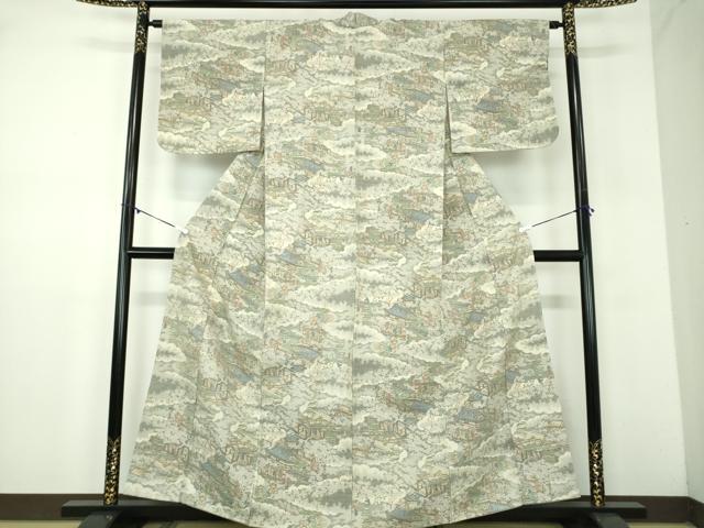 平和屋着物●小千谷紬　100亀甲　雲取り人物風景　正絹　逸品　DABD1037ps