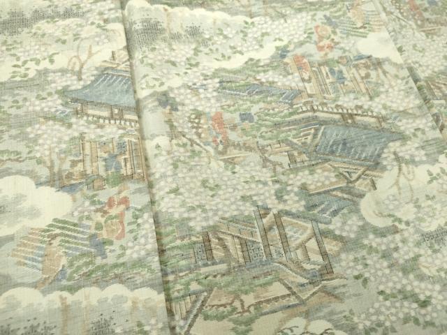 平和屋着物●小千谷紬　100亀甲　雲取り人物風景　正絹　逸品　DABD1037ps