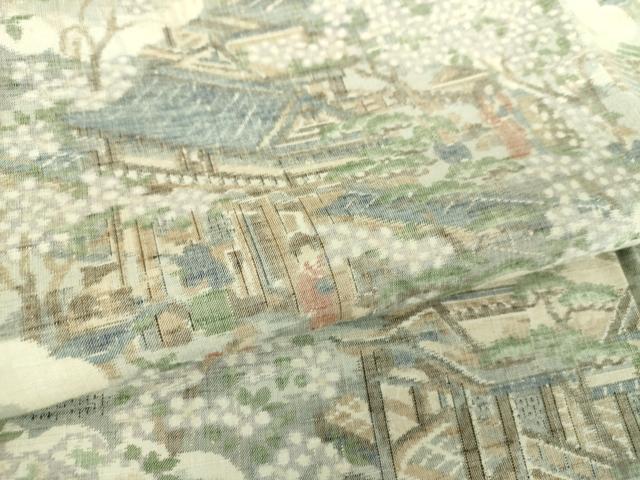 平和屋着物●小千谷紬　100亀甲　雲取り人物風景　正絹　逸品　DABD1037ps